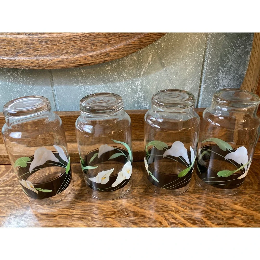 Vintage Calla Lily Highball Glasses Set of 4 Black Band Floral Footed Tumblers